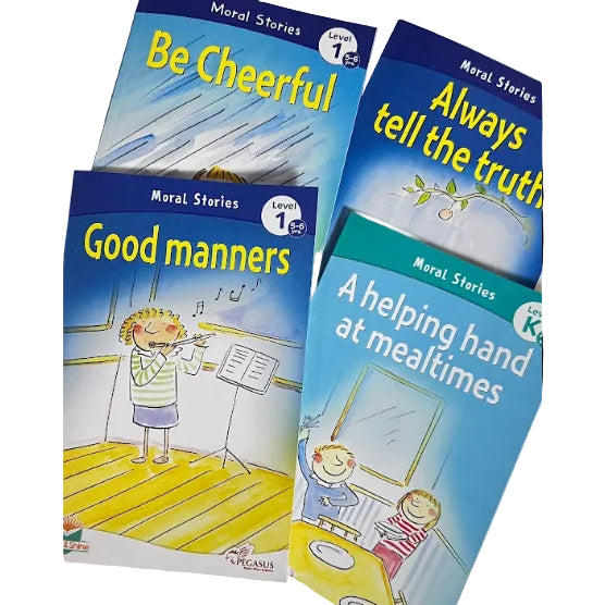 Four children's books on a soft white surface with illustrations and text.